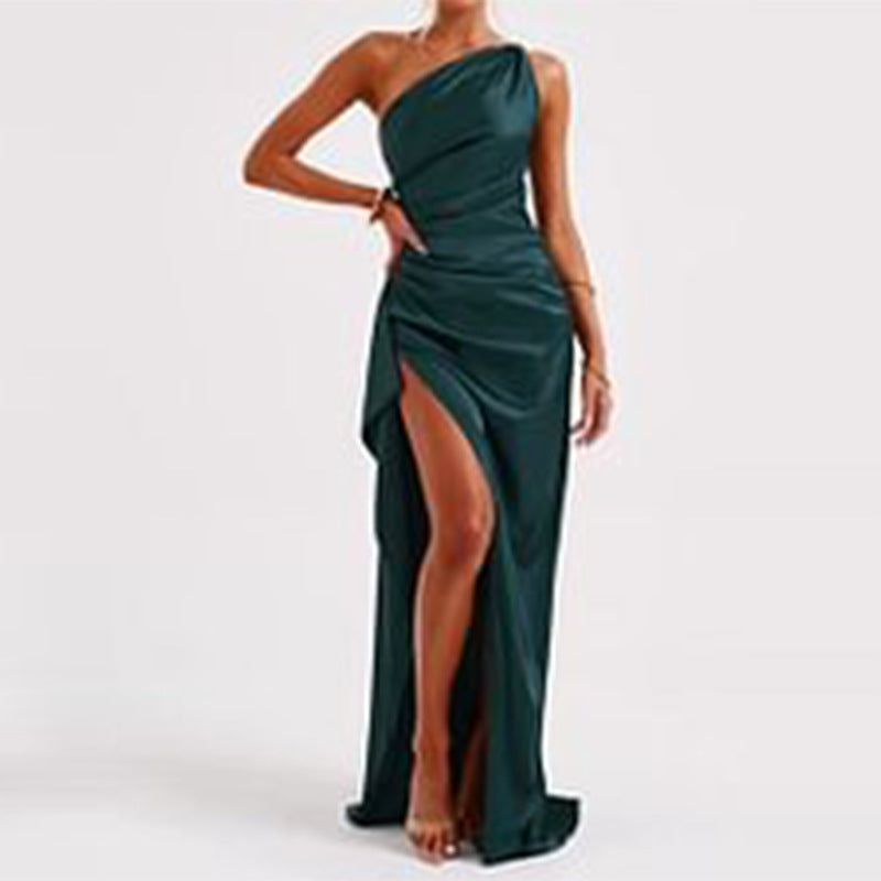 Sexy One-Shoulder Backless Slit Dress Summer Elegant Slim-Fit Solid Color Satin Dresses for Women