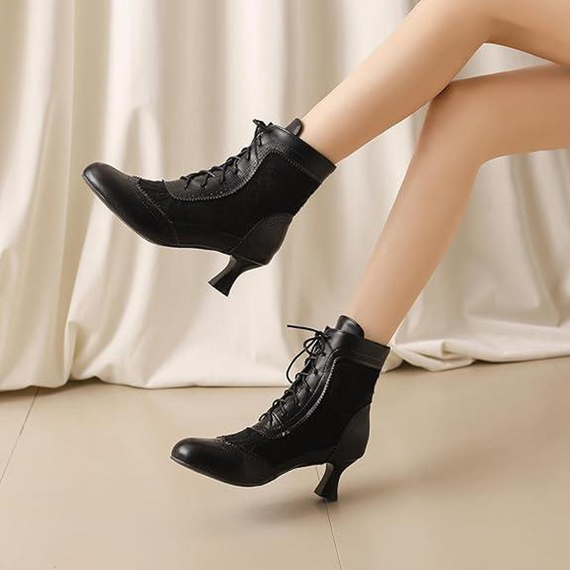 Womens Vintage Ankle Boots with Rounded Toe Kitten Heels Victorian Lace up Fashionable Gothic Bootie Wedding Party Office Date Cosplay Clubbing Spring Summer Fall Winter Retro Witch Shoe